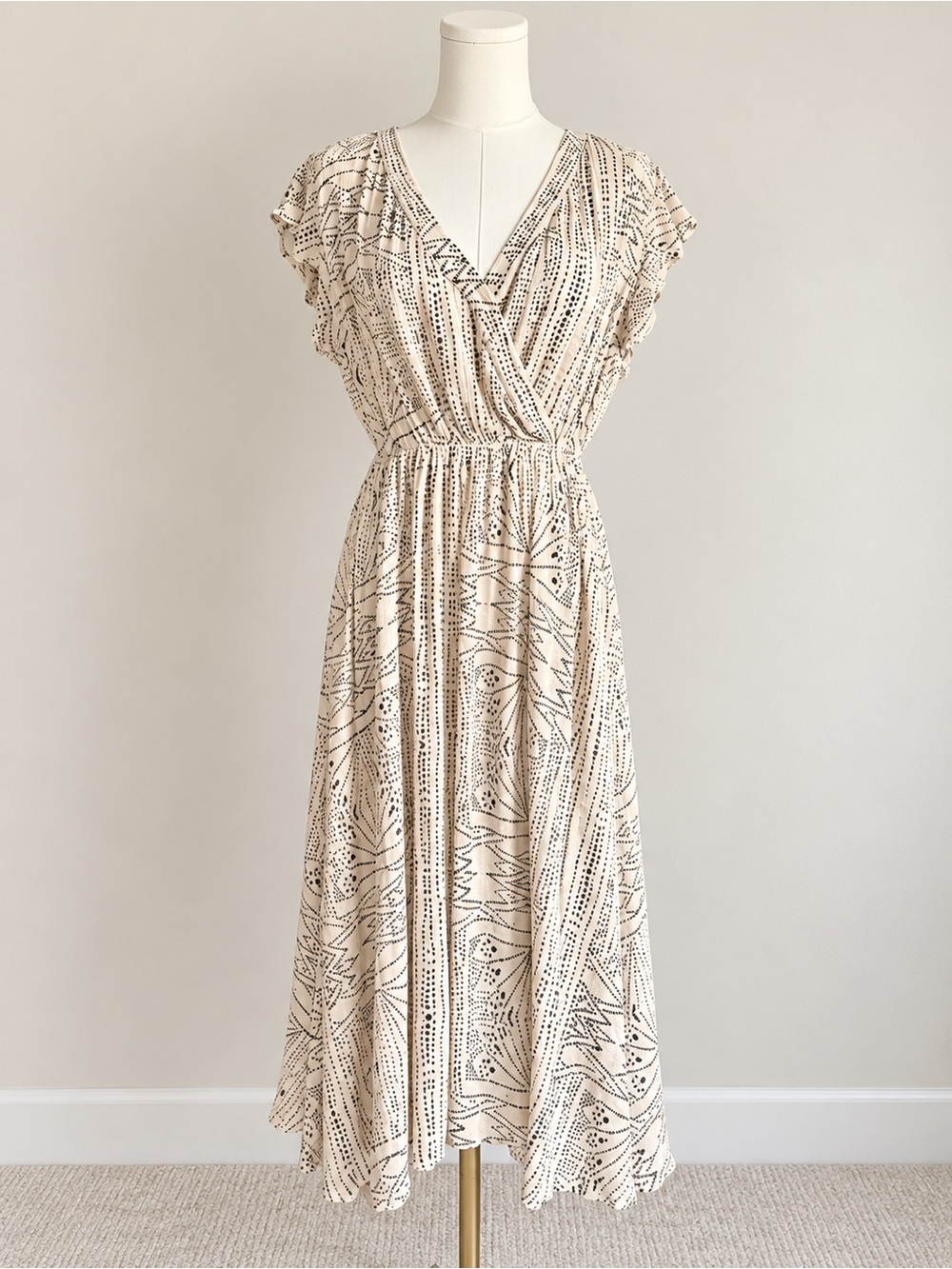 Kori Cream Midi Dress with Black Print Front Pockets